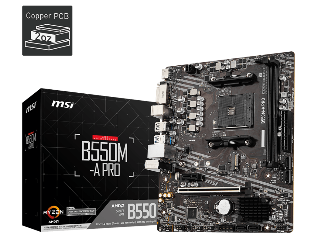 MSI B550M-A PRO ProSeries Motherboard (Support 3rd Gen AMD Ryzen, AM4, DDR4, PCIe 4.0, SATA 6Gb/s, M.2, USB 3.2 Gen 1, DVI/HDMI, Micro-ATX