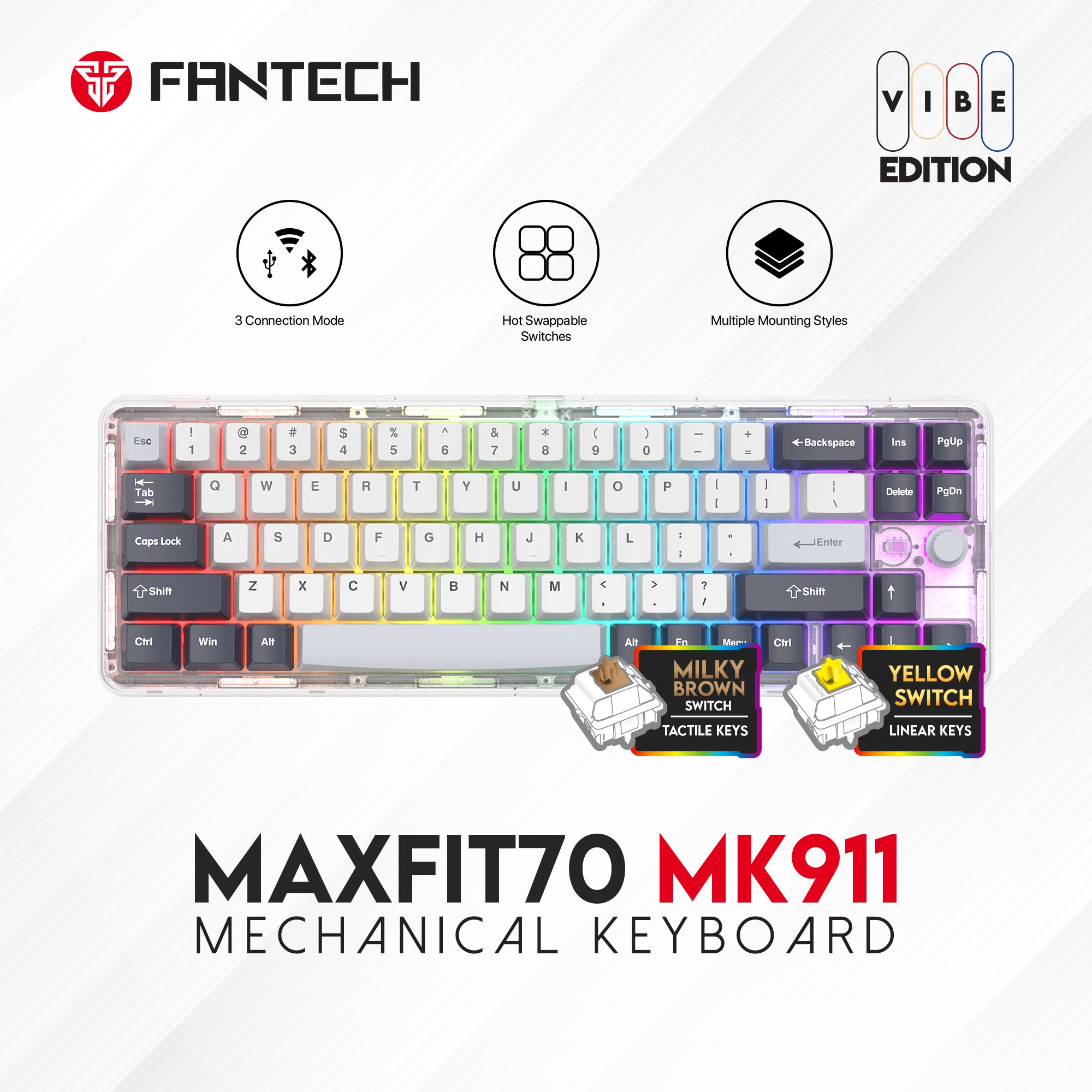 FANTECH MAXFIT70 MK911 WIRELESS 65% MECHANICAL GAMING KEYBOARD TRI-MODE CONNECTION - Double-Shot PBT