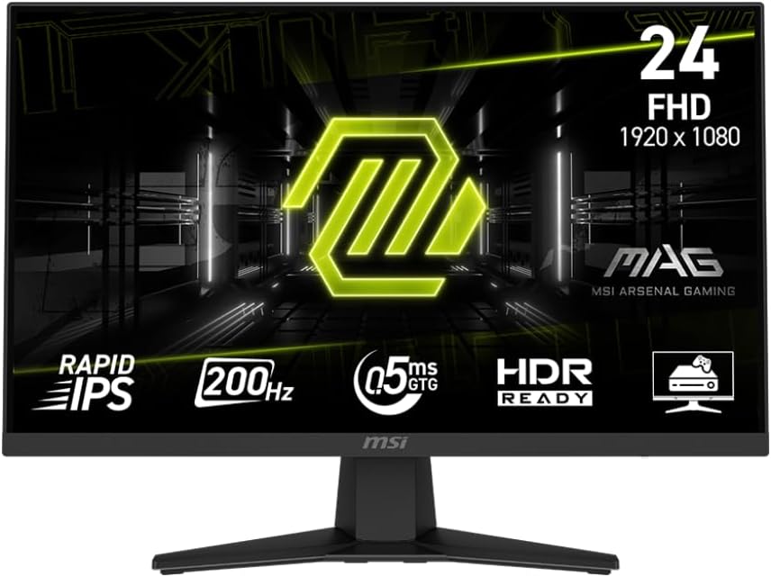 MSI MAG 244F 24-inch 1920 x 1080 (FHD) Gaming Monitor, 200Hz, Adaptive Sync, HDMI, DisplayPort, VESA Mountable, Tilt, Height Adjustable, Speaker, 0.5ms, Black