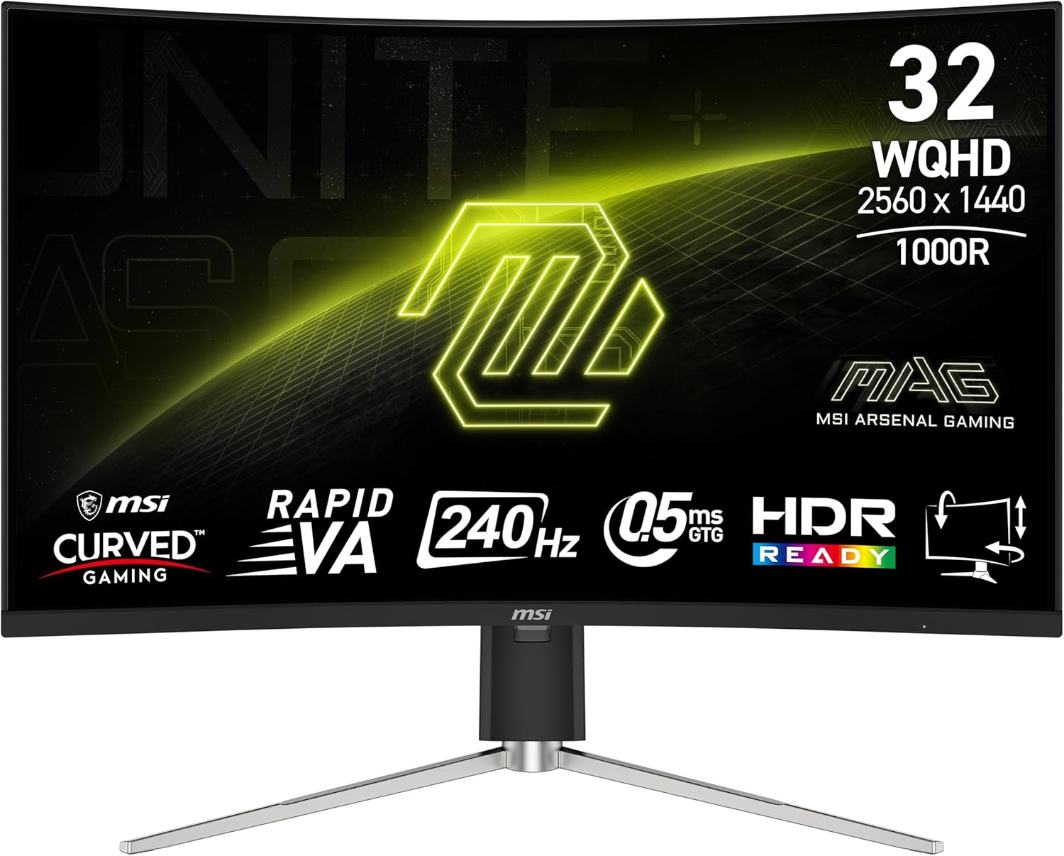 MSI MAG 325CQRXF E2 31.5-inch 2560 x 1440 (WQHD) Computer Monitor, 240Hz, Adaptive-Sync, HDMI, Display Port, VGA Port, VESA Mountable, Tilt, Height Adjustable, Speaker, 0.5ms, Black, Panel Type VA