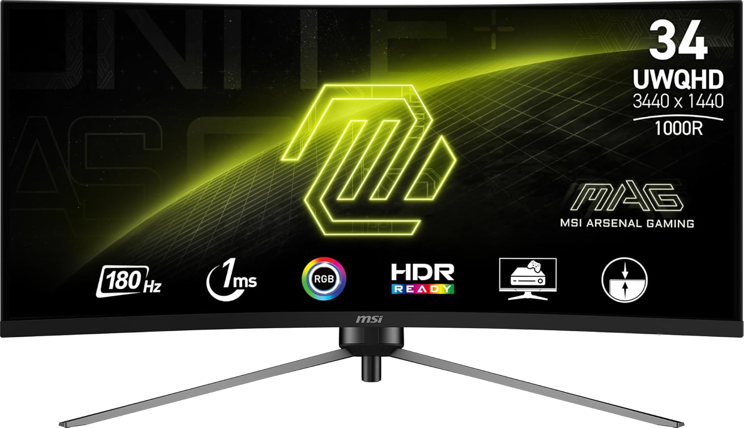 MSI MAG345CQR 34-inch 3440 x 1440 (UWQHD) Gaming Monitor, 180Hz, Adaptive-Sync, HDR Ready, HDMI, VGA Port, VESA Mountable, Tilt, 4-Side Slim Bezel, 1ms, Black