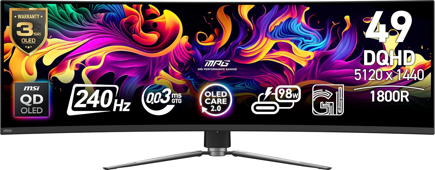 MSI MPG 491CQPX QD-OLED 49-inch QD-OLED 5120 x 1440 (DQHD) Computer Monitor, 240Hz, Adaptive-Synch, HDMI, Display Port, VGA Port, VESA Mountable, Tilt, Height Adjustable, Speaker, 0.03ms, Black