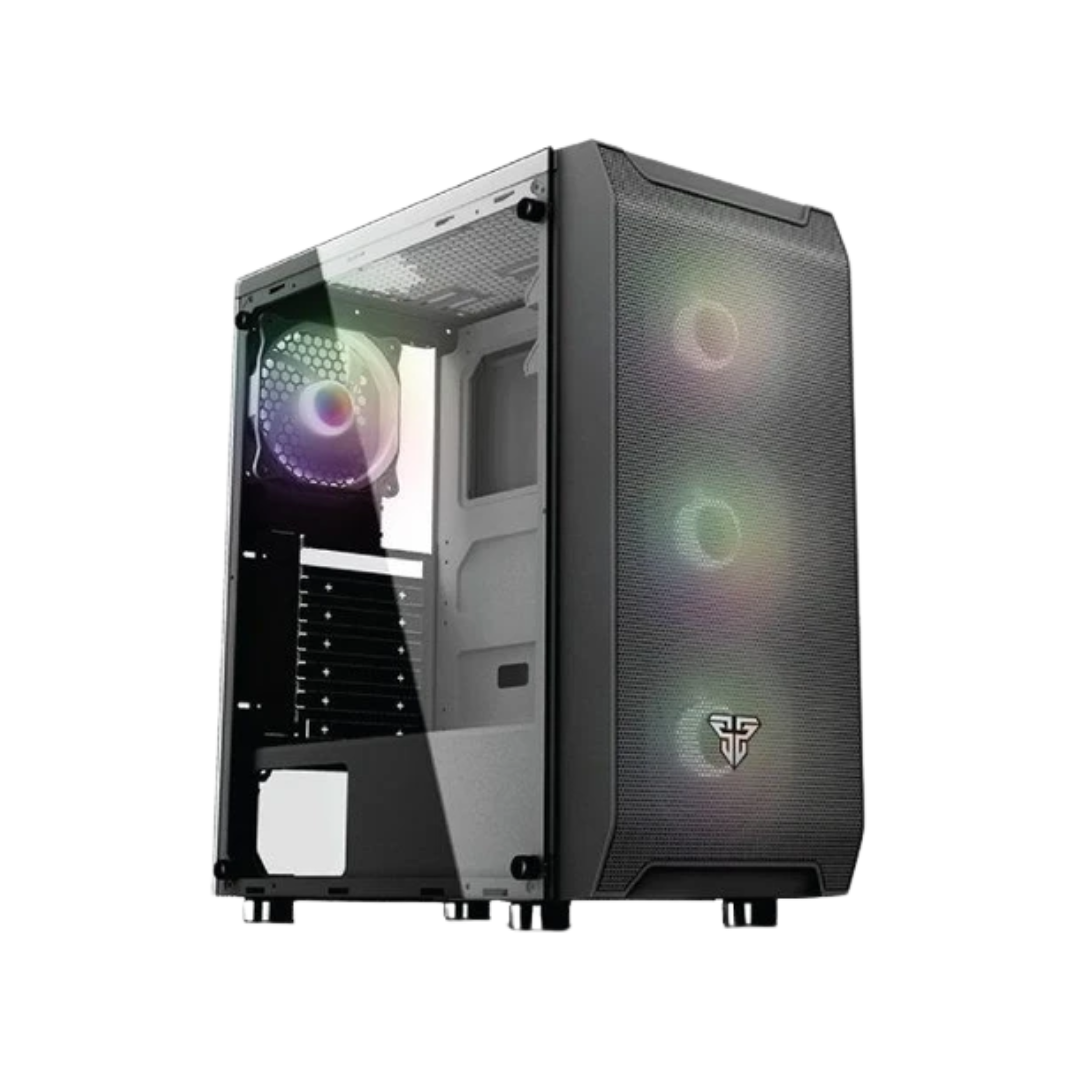 Black FANTECH CG80 mid-tower RGB gaming case featuring a tempered glass side panel, vibrant front and rear RGB fans, optimized airflow design, and spacious interior for high-performance gaming builds.