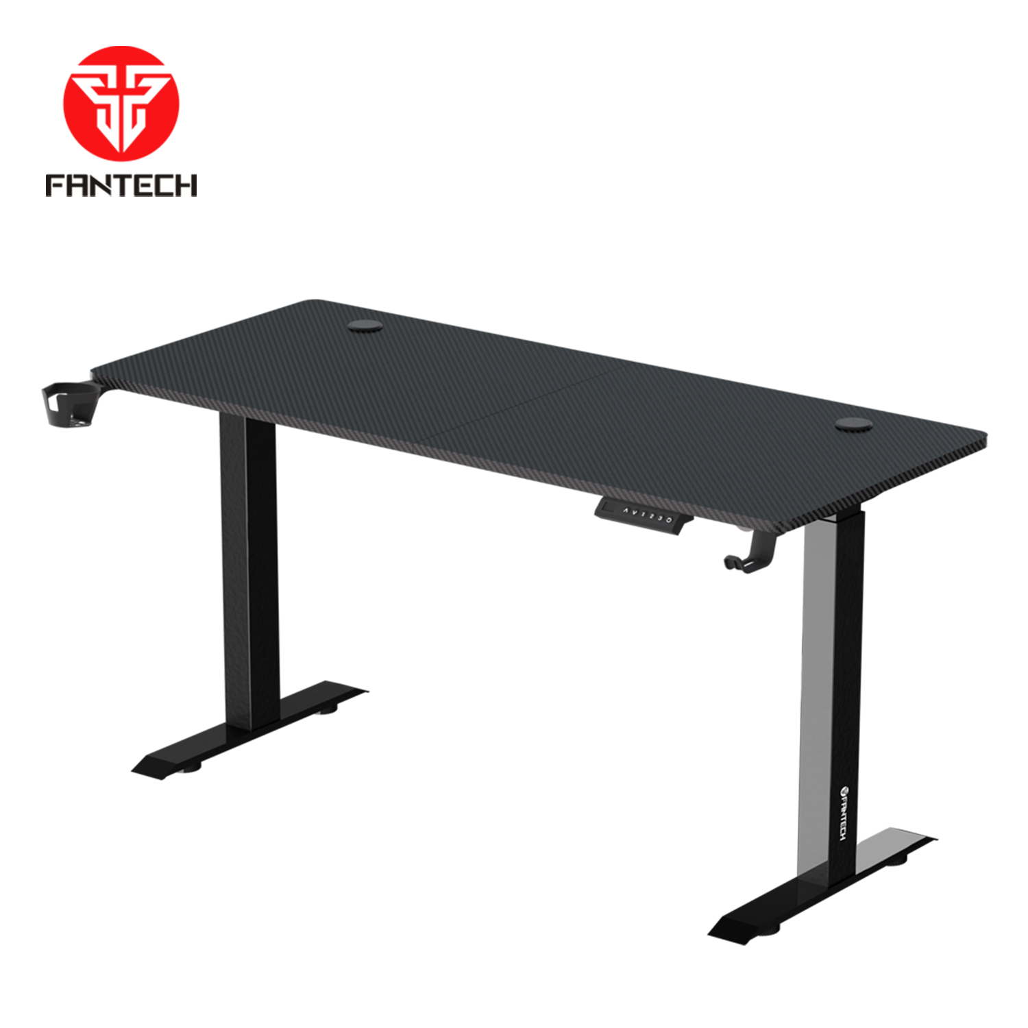 Black FANTECH GD214 gaming desk with a sleek carbon fiber finish, equipped with sturdy dual legs, cable management ports, and ergonomic design perfect for gamers and streamers.