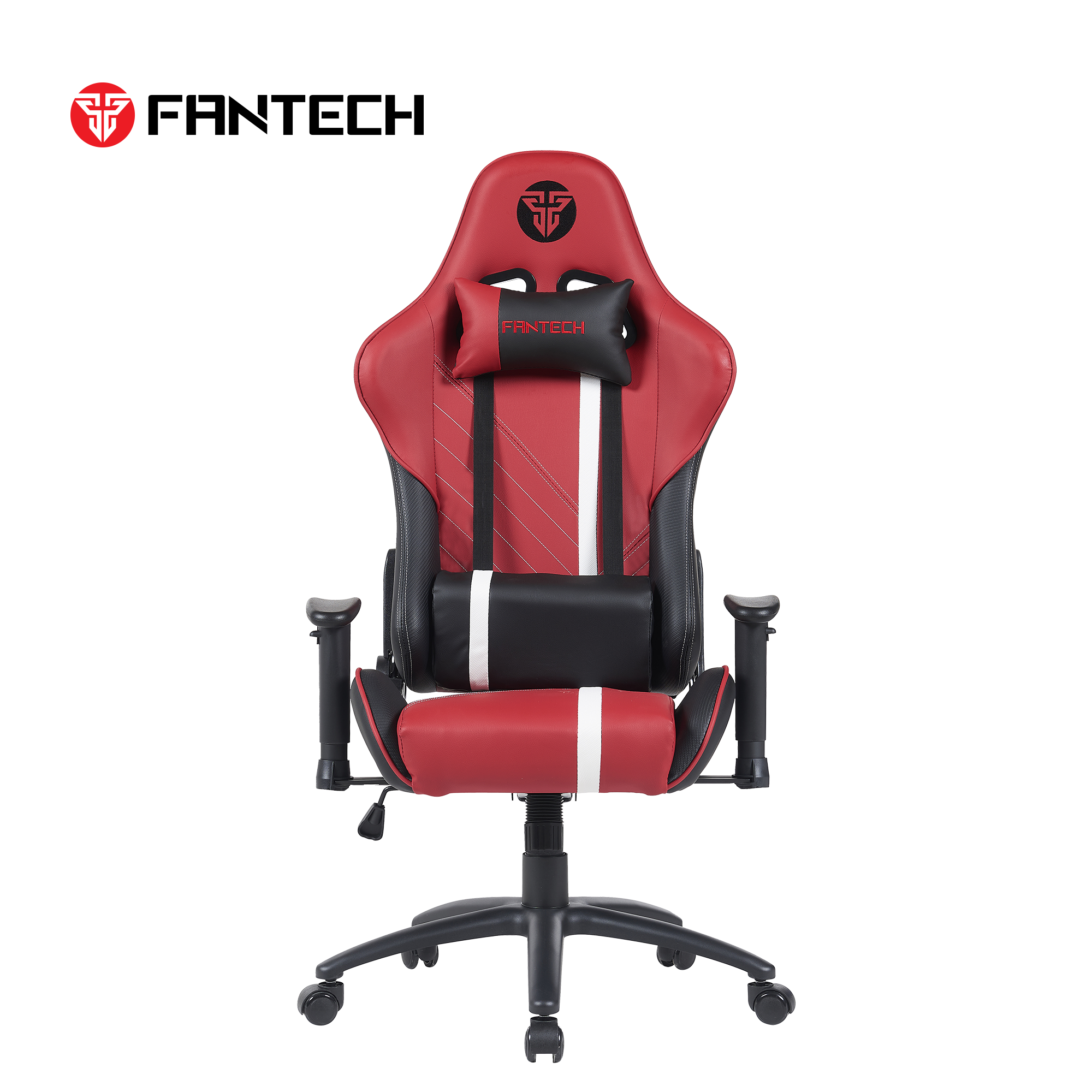 Fantech Alpha GC-186 racing-style gaming chair in red and black, featuring an ergonomic design, adjustable armrests, lumbar and headrest cushions, and a reclining backrest for maximum gaming comfort.
