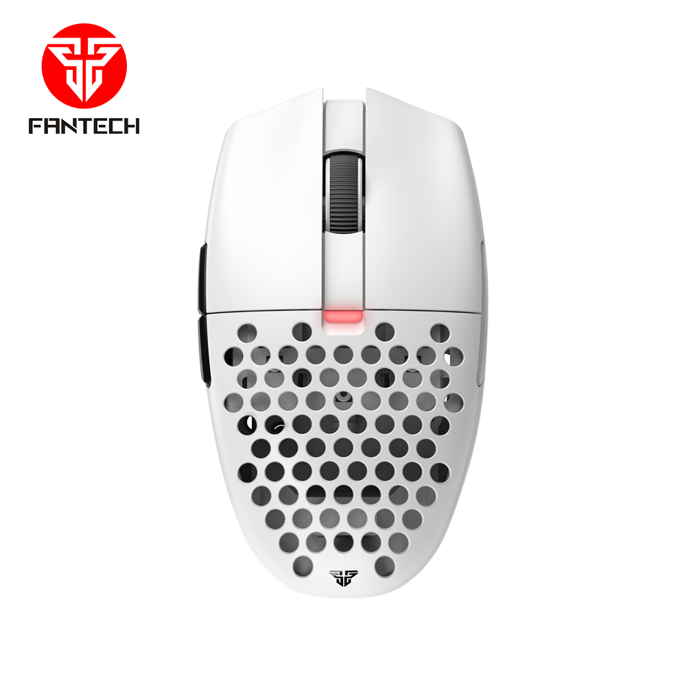 Fantech Aria XD7 white wireless gaming mouse with an ultra-lightweight honeycomb shell design, ergonomic shape, high-precision sensor, and customizable RGB lighting for enhanced gaming performance.