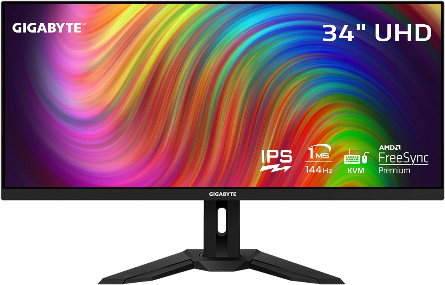 GIGABYTE 34-inch UHD IPS Gaming Monitor featuring a 144Hz refresh rate, 1ms response time, AMD FreeSync Premium, and KVM switch for seamless multitasking. Perfect for immersive gaming and professional use.