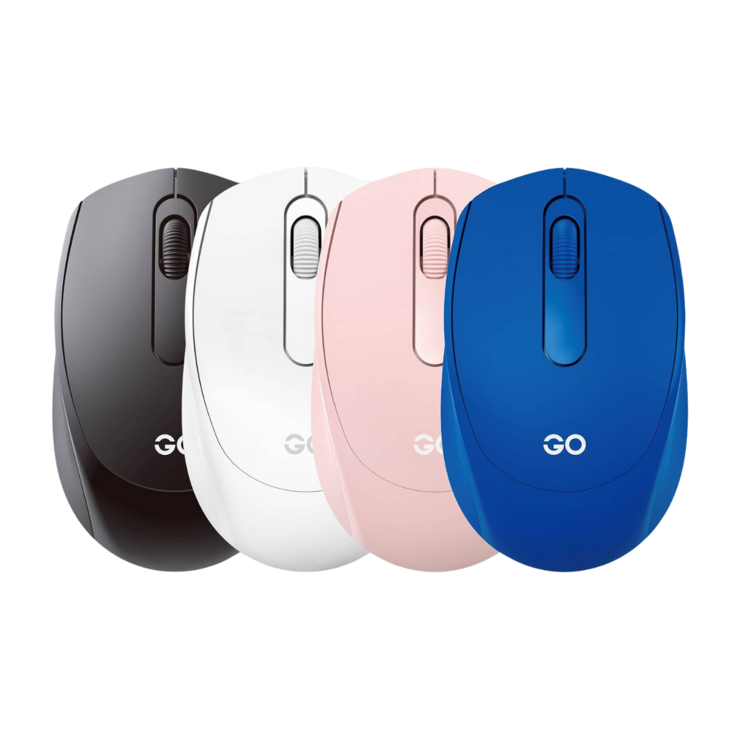 Sleek GO wireless mouse collection in black, white, pink, and blue, featuring a minimalist design with a smooth surface and compact build for everyday computer use.