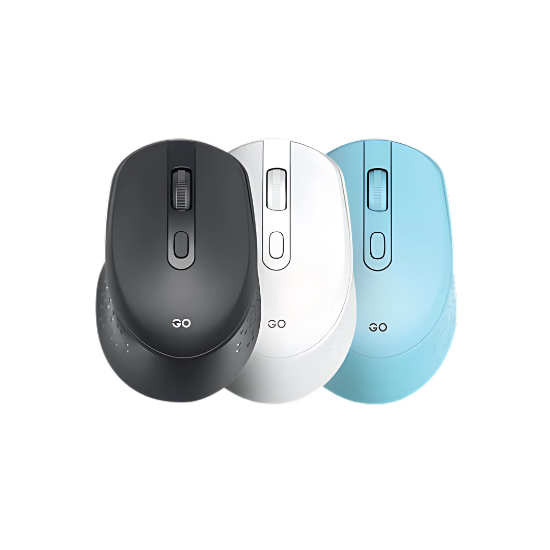 Trio of GO wireless silent mice in black, white, and blue, featuring an ergonomic design, quiet clicks, and a sleek finish ideal for both office and casual use.