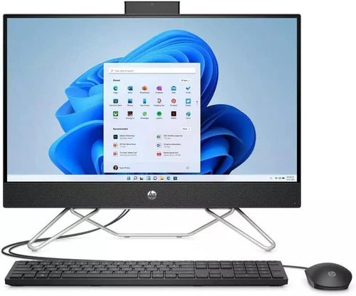HP All-in-One desktop computer with a 23.8-inch Full HD display, Windows 11 interface, wired keyboard, and mouse. Features a sleek design with a pop-up webcam and metal stand.