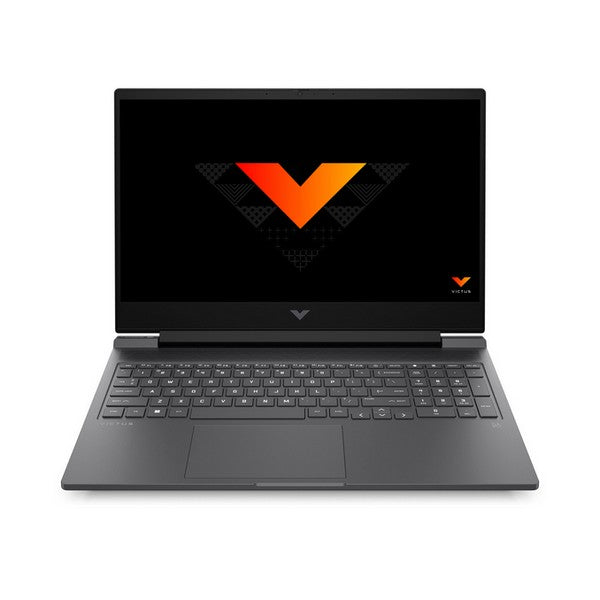 HP Victus gaming laptop with full-size keyboard and orange V logo on screen