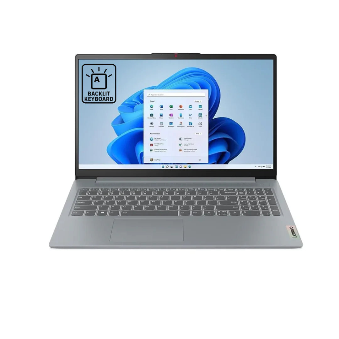 Lenovo IdeaPad laptop with a 15.6-inch Full HD display, backlit keyboard, and Windows 11 interface. Slim and modern design in silver with a numeric keypad and HD webcam. Perfect for work, study, and entertainment.