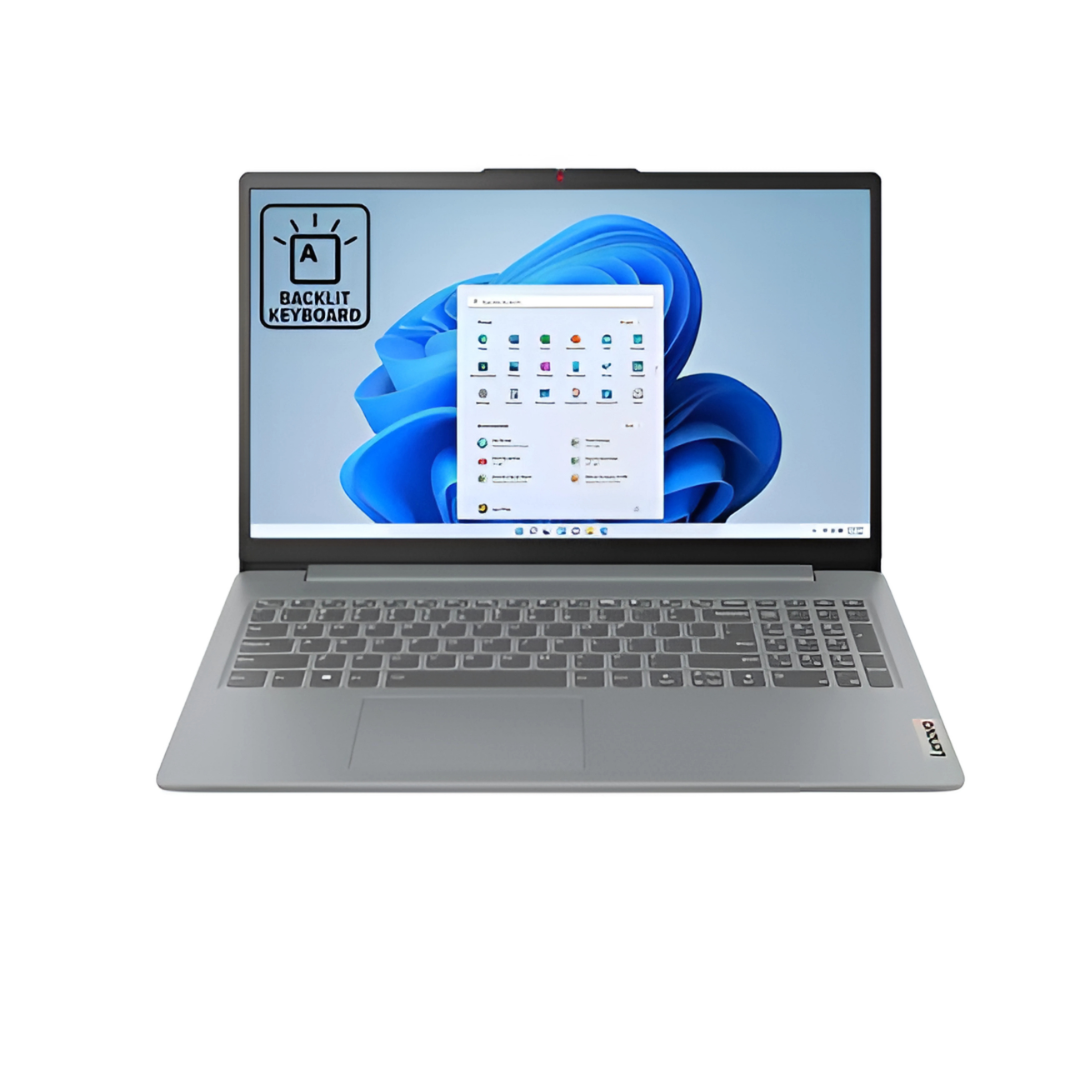 Lenovo laptop with a 15.6-inch Full HD display, backlit keyboard, and Windows 11 interface. Sleek silver design with a numeric keypad and a high-definition webcam.