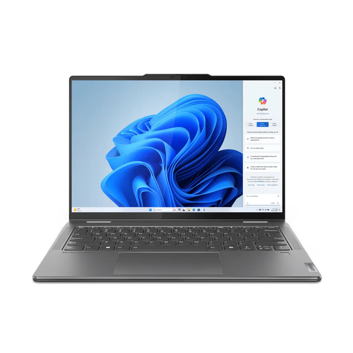 Lenovo Yoga Slim laptop with an ultra-thin and modern design, featuring a 14-inch high-resolution display, Windows 11, and AI-powered Copilot integration. Sleek and lightweight, ideal for professionals and students seeking portability and performance.