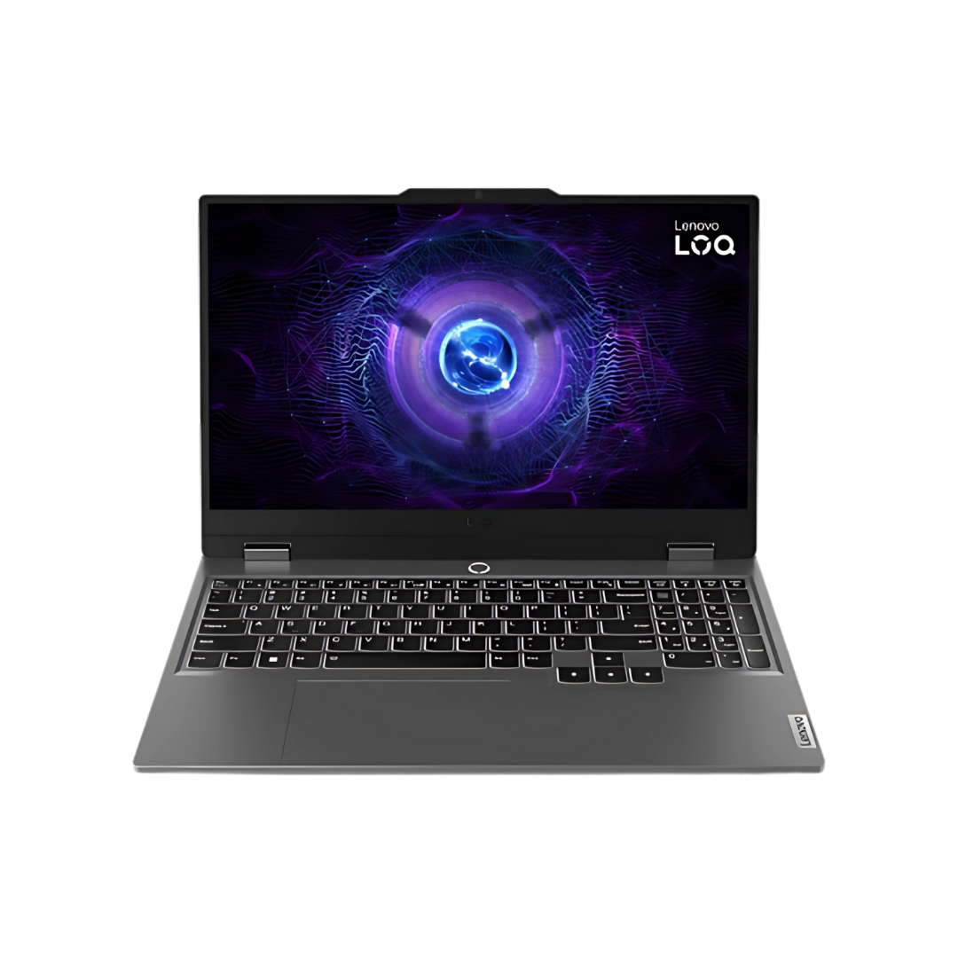 Front view of a Lenovo LOQ 15 laptop with a gray chassis and a screen displaying the Lenovo LOQ logo with a colorful background.