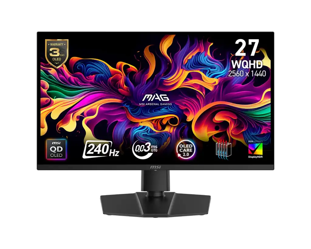 MSI MAG 271QP QD-OLED X24 27-inch 2560 x 1440 (QHD) Gaming Monitor, 240Hz, Adaptive-Sync, HDMI, DisplayPort, VESA Mountable, Tilt, Height Adjustable, Speaker, 0.03ms, Black