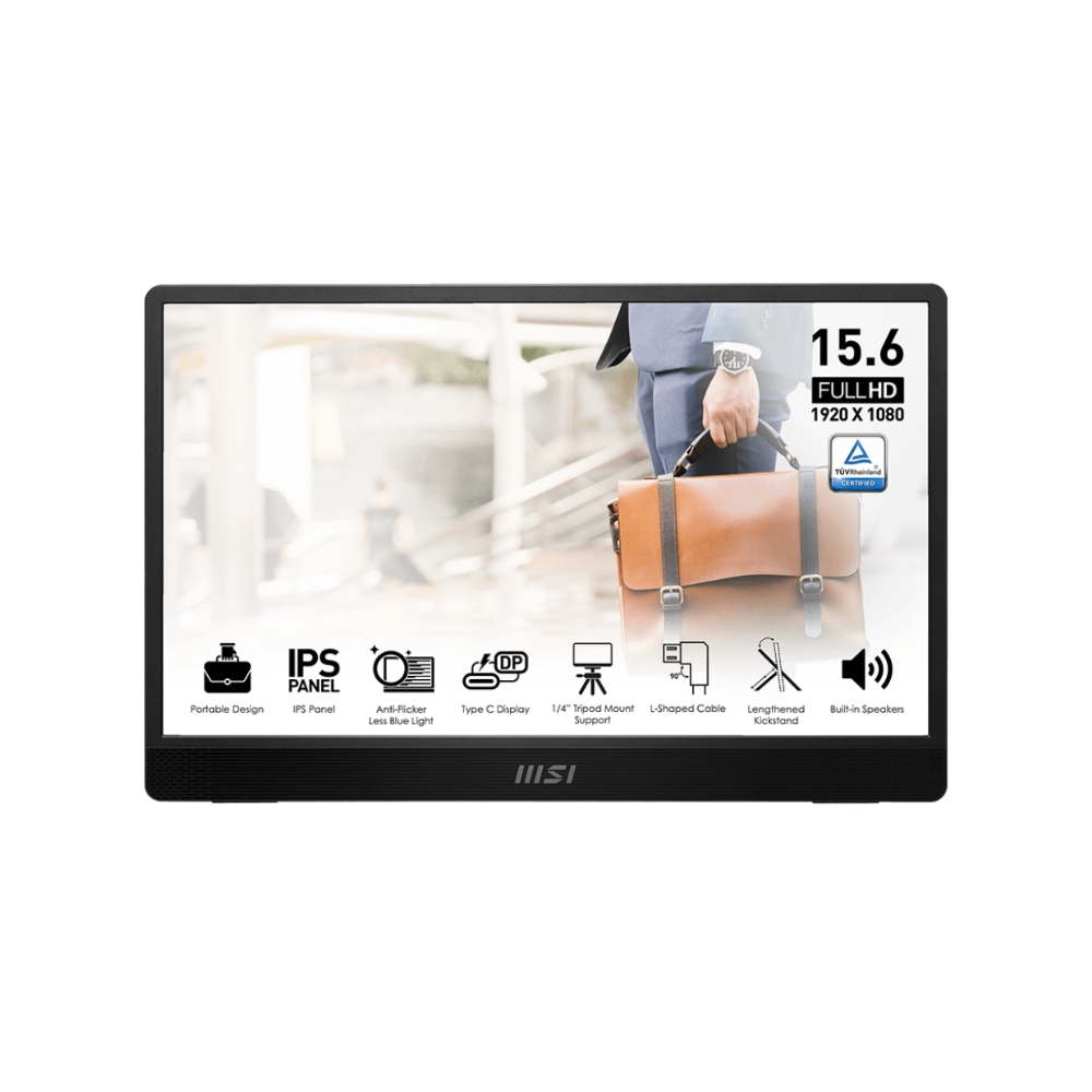 MSI 15.6-inch Full HD portable monitor with an IPS panel, anti-flicker technology, and low blue light feature. It has a Type-C display, tripod mount support, and built-in speakers, making it ideal for business and travel use.