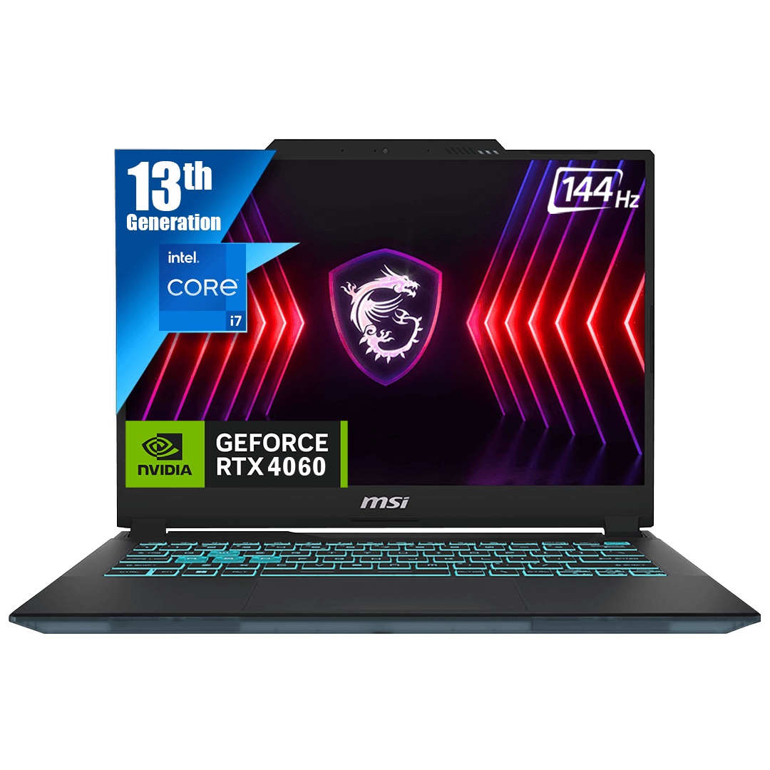 MSI gaming laptop featuring a 13th Gen Intel Core i7 processor, NVIDIA GeForce RTX 4060 GPU, a 144Hz display, and a glowing backlit keyboard, displayed with a futuristic gaming background on screen.