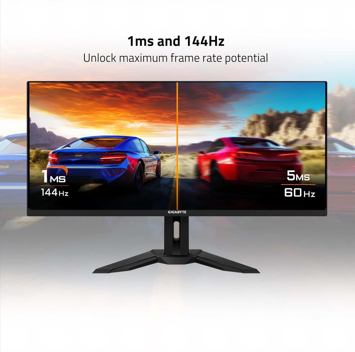 GIGABYTE 34-inch UHD IPS Gaming Monitor featuring a 144Hz refresh rate, 1ms response time, AMD FreeSync Premium, and KVM switch for seamless multitasking. Perfect for immersive gaming and professional use.
