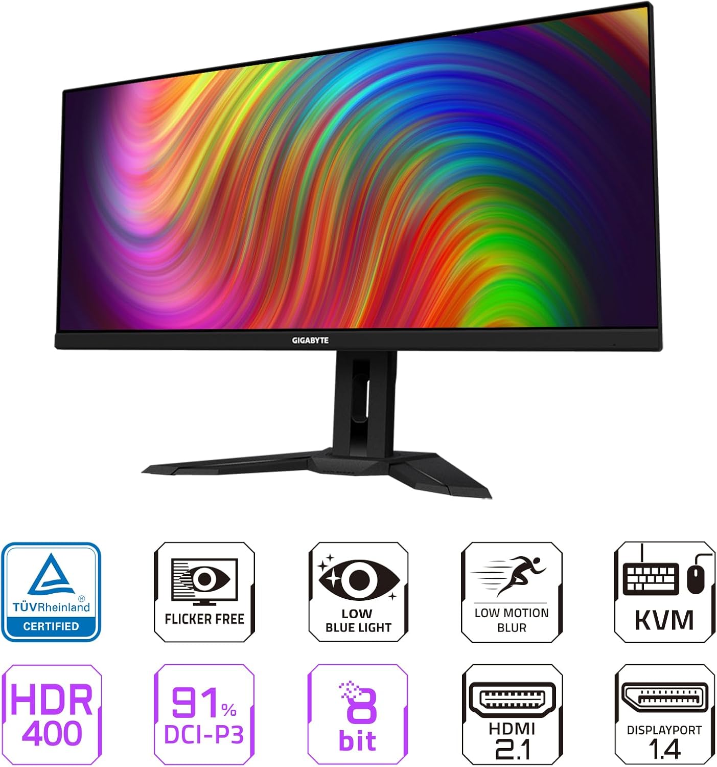 GIGABYTE 34-inch UHD IPS Gaming Monitor featuring a 144Hz refresh rate, 1ms response time, AMD FreeSync Premium, and KVM switch for seamless multitasking. Perfect for immersive gaming and professional use.