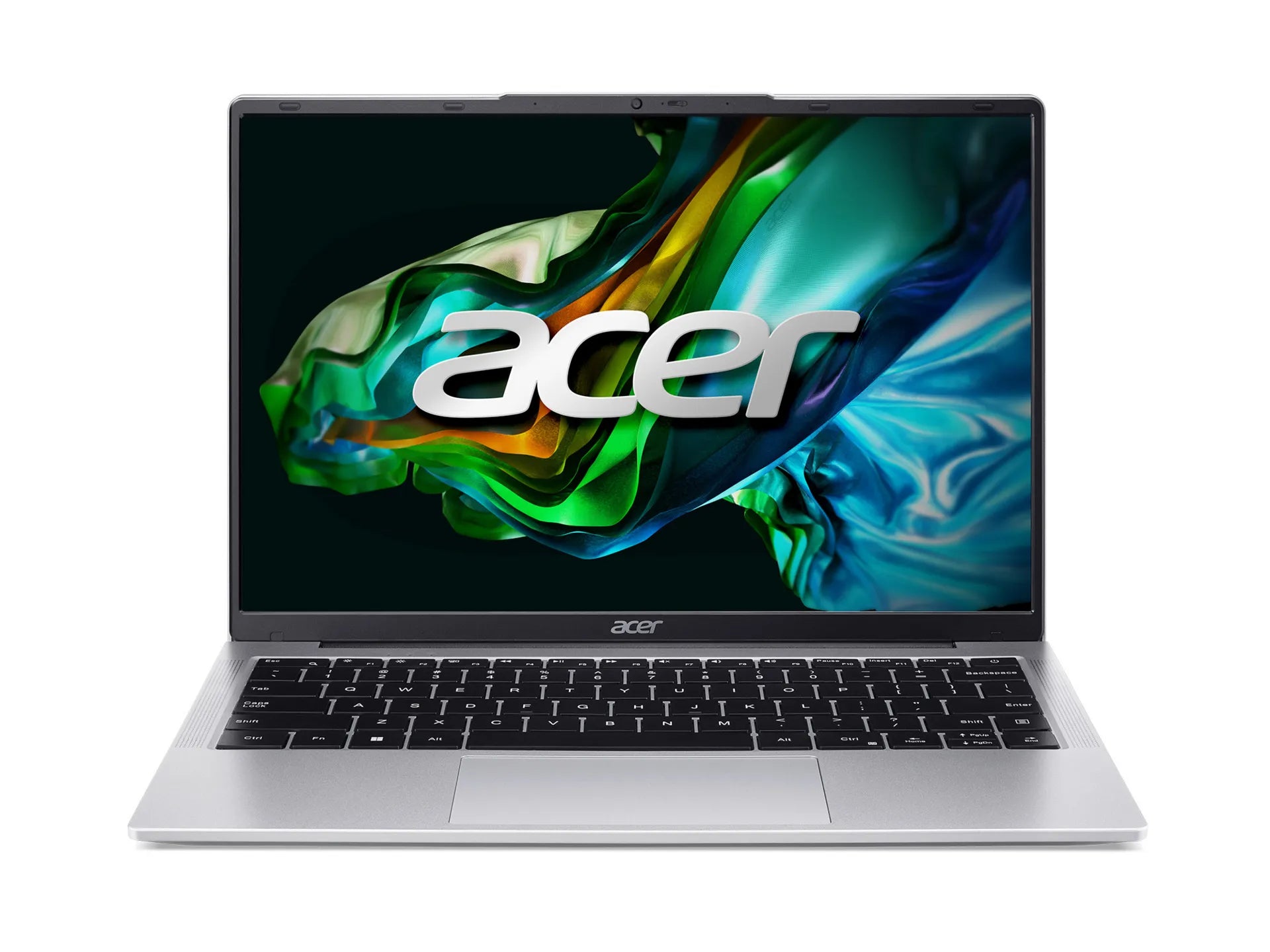 Acer Aspire 14 A315, front view, showing a full keyboard, trackpad, and screen with the Acer logo and a colorful background.