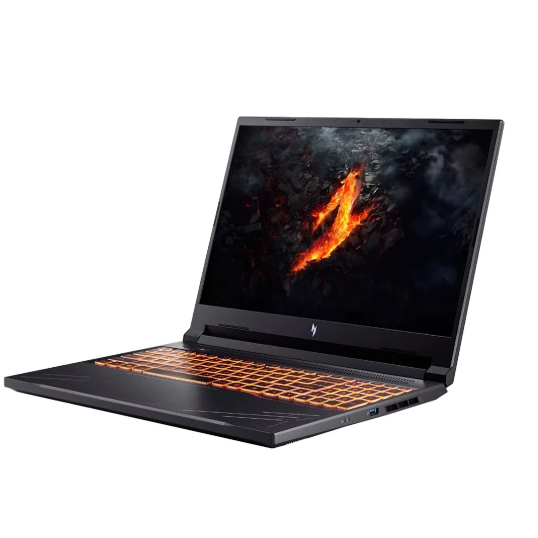 Acer Nitro 15 gaming laptop in black shown from an angled side view with Intel Core i5 13420H processor and NVIDIA GeForce RTX 5050 8GB graphics, featuring 16GB RAM, 512GB SSD, 15.6 inch FHD IPS 165Hz display, and white backlit keyboard.