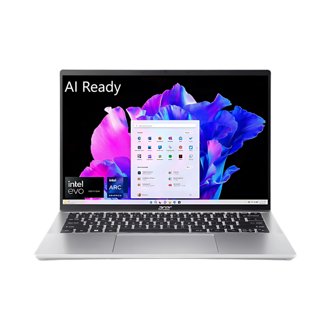Front view of an Acer Swift Go 14 laptop with a silver chassis and a screen showing the Windows Start Menu with Intel Evo and Intel Arc logos.