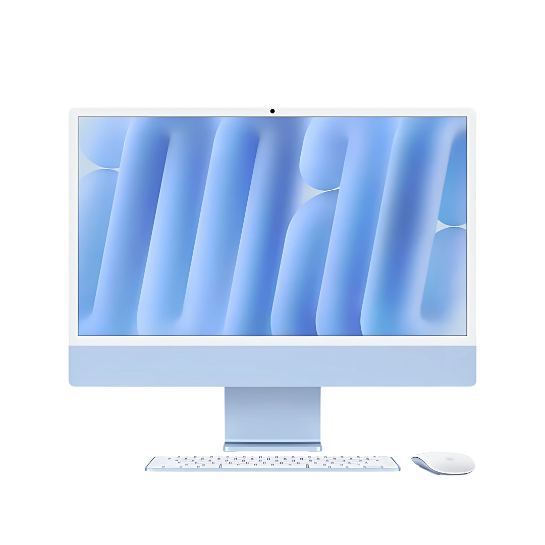 Apple iMac 24-inch MWV13 M4 in blue, displaying the screen with a blue and white background, blue keyboard, and white mouse.