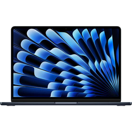 Front view of an Apple MacBook Air M2 in Midnight, showing the screen with a blue and white background.