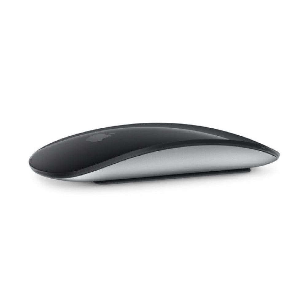 Apple Magic Mouse in black, side view.
