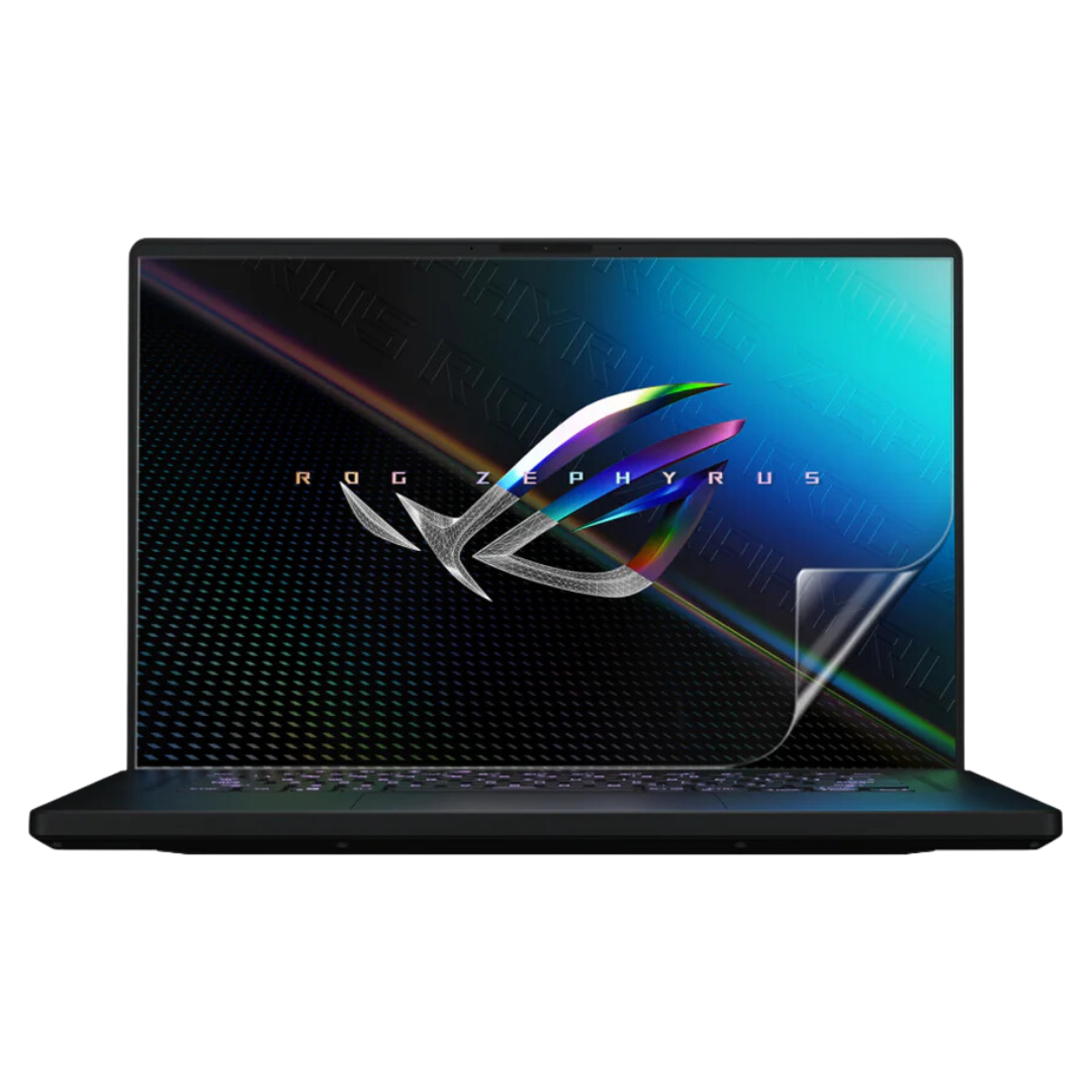 ASUS ROG Zephyrus M16 laptop, front view with screen on.