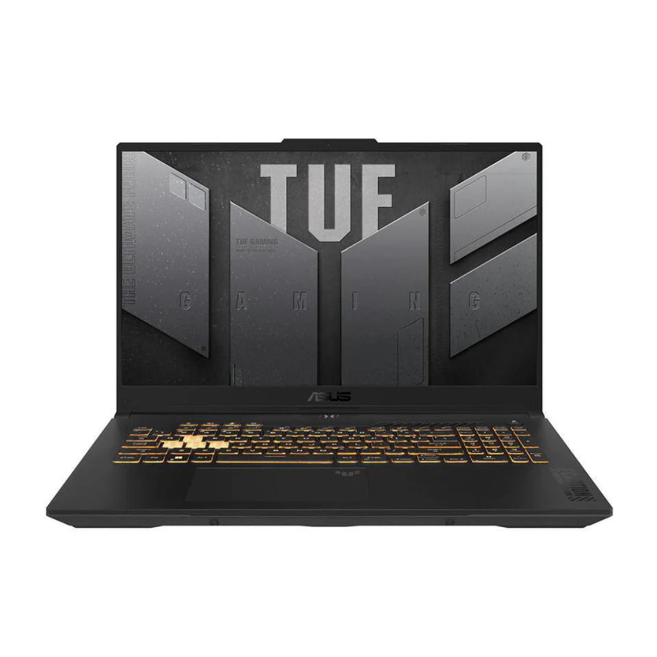 Asus TUF Gaming F17 laptop, front view with screen on.