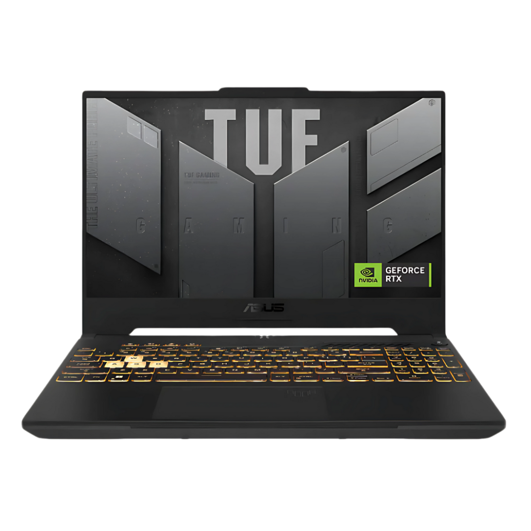 Asus TUF Gaming FX507ZV4 laptop, black, with backlit keyboard and TUF logo on screen.