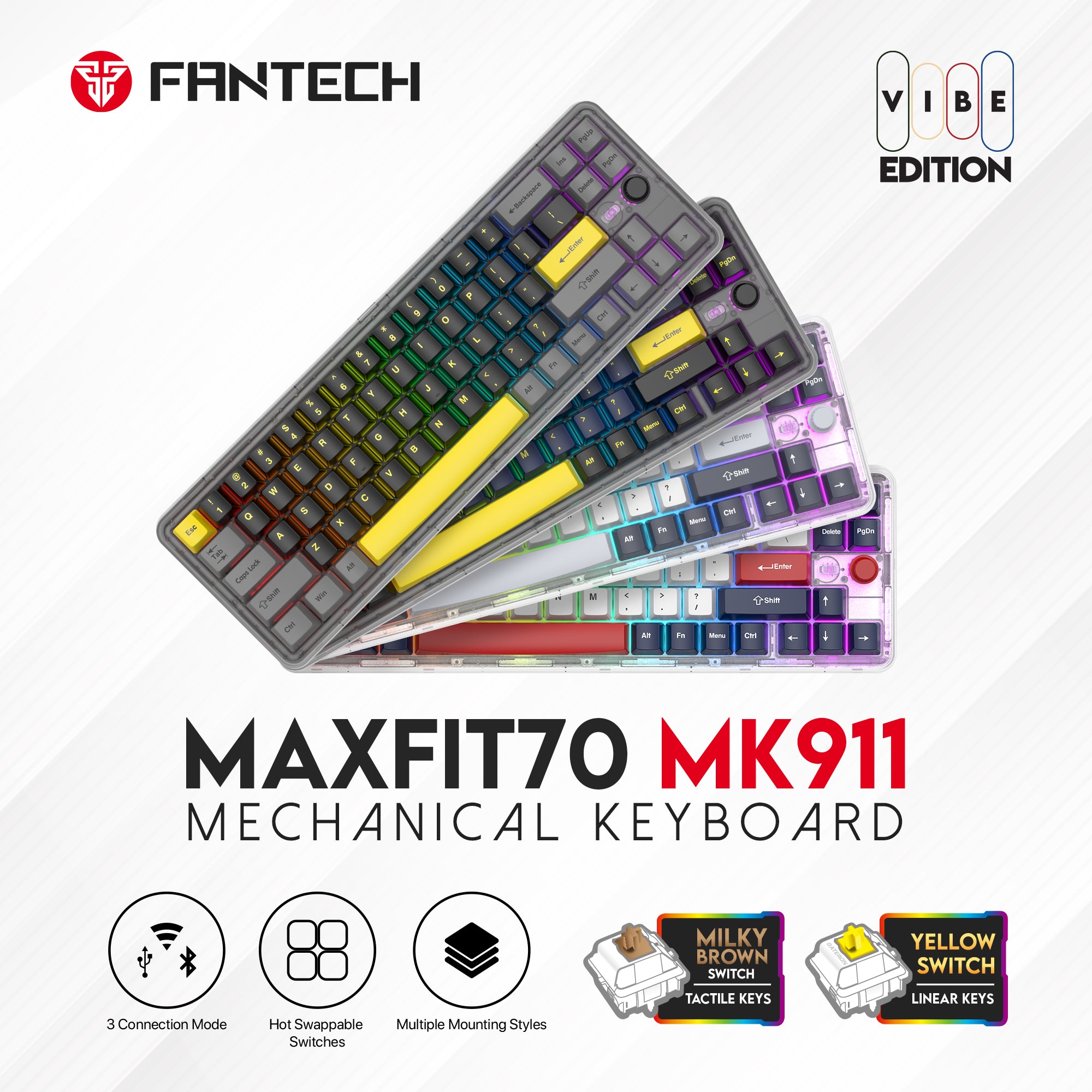 FANTECH MAXFIT70 MK911 WIRELESS 65% MECHANICAL GAMING KEYBOARD TRI-MODE CONNECTION - Double-Shot PBT