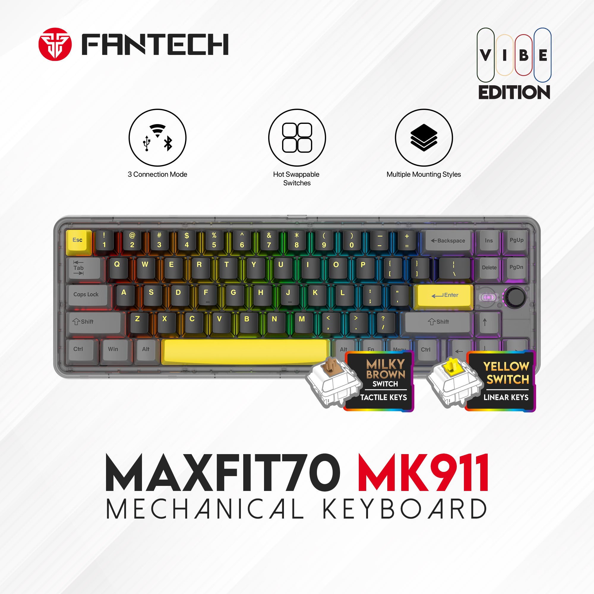 FANTECH MAXFIT70 MK911 WIRELESS 65% MECHANICAL GAMING KEYBOARD TRI-MODE CONNECTION - Double-Shot PBT