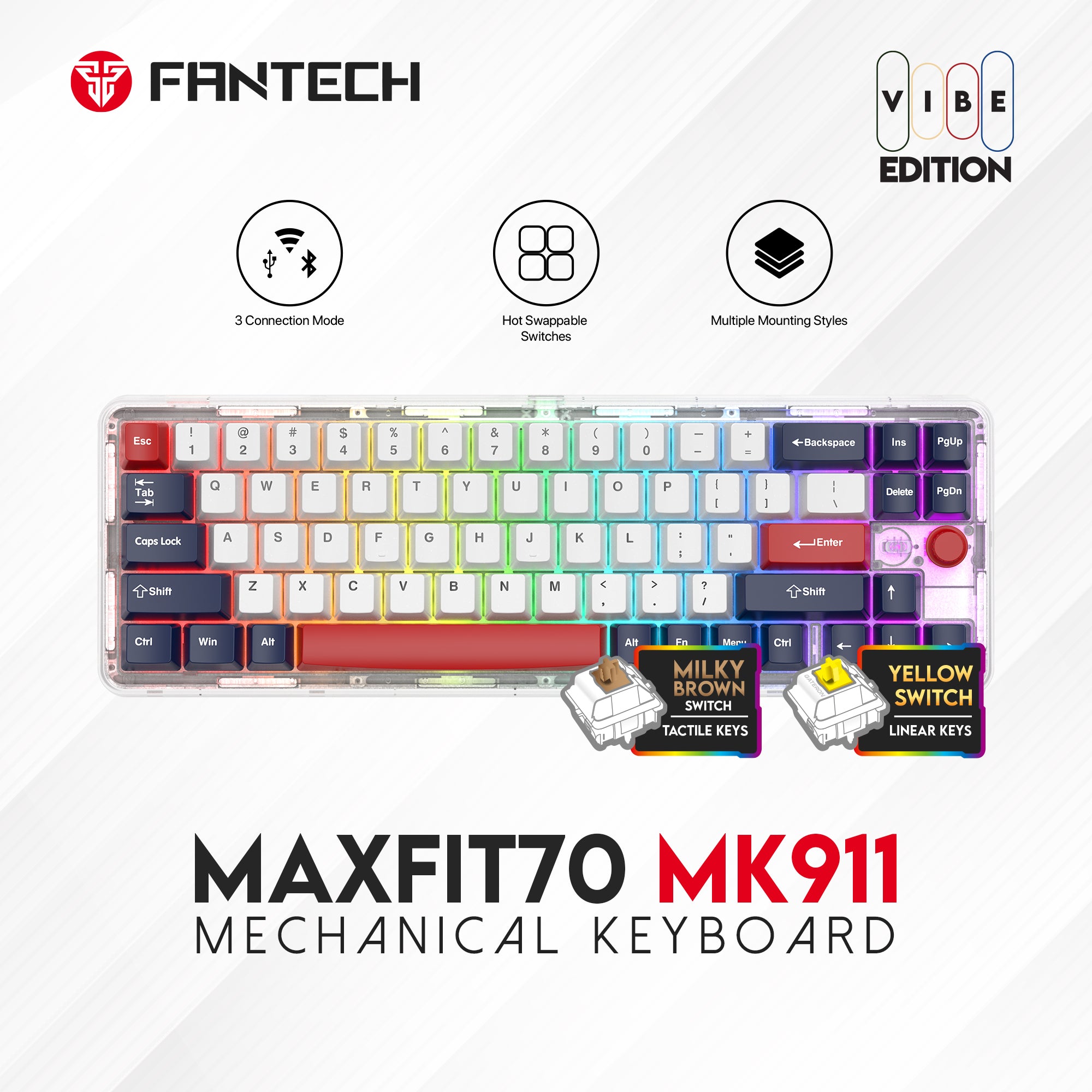 FANTECH MAXFIT70 MK911 WIRELESS 65% MECHANICAL GAMING KEYBOARD TRI-MODE CONNECTION - Double-Shot PBT