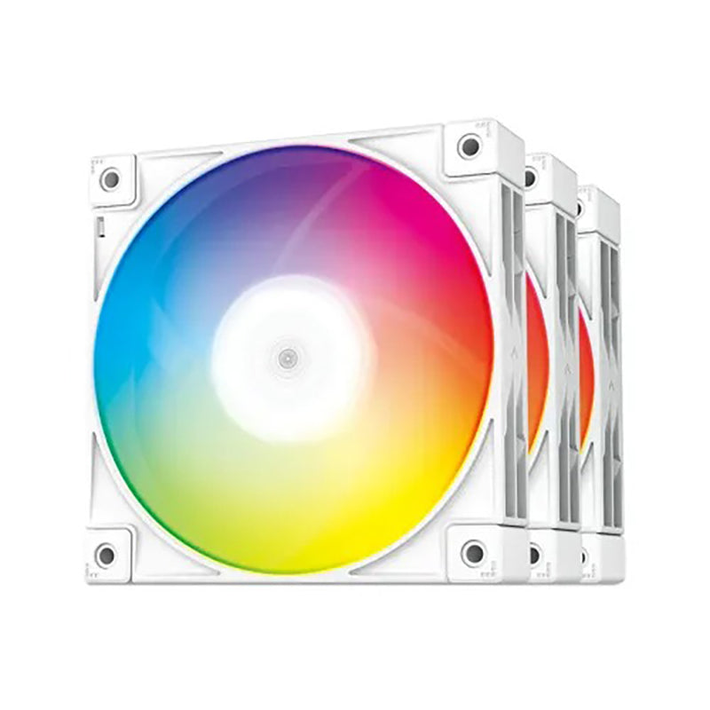 DeepCool FC120 ARGB PWM case fan, pack of three with white frames and rainbow lighting.