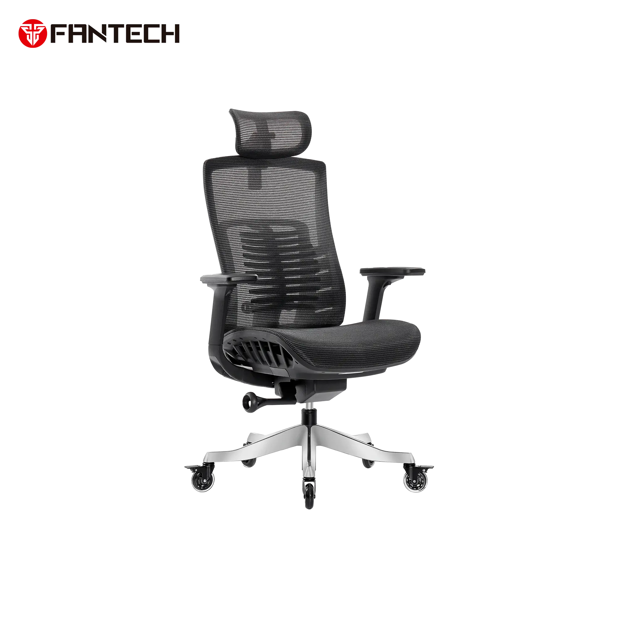 Black ergonomic office chair with breathable mesh backrest, adjustable headrest, armrests, and chrome five wheel base, front angled view.