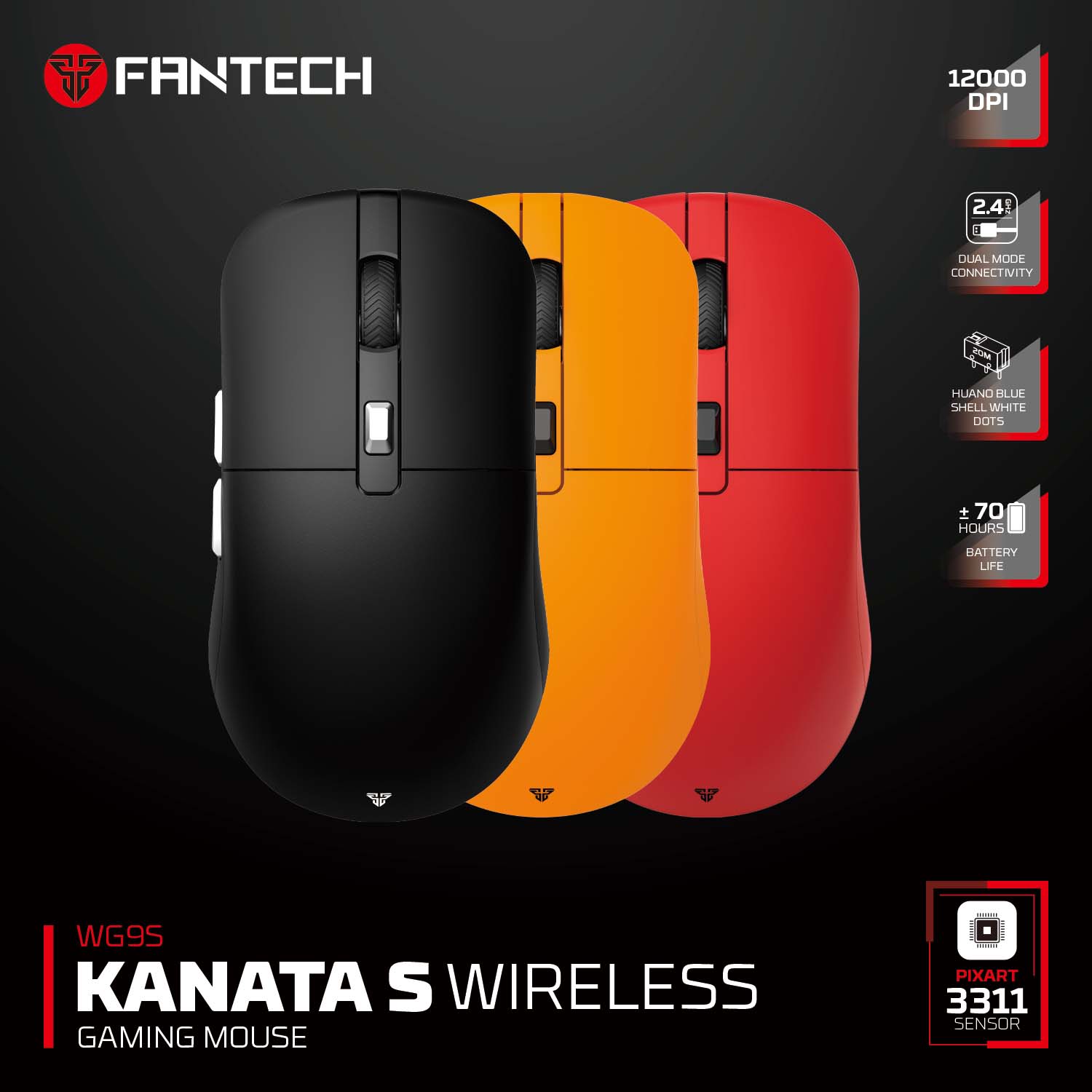 FANTECH KANATA S WG9S WIRELESS GAMING MOUSE Black - Yellow - Red