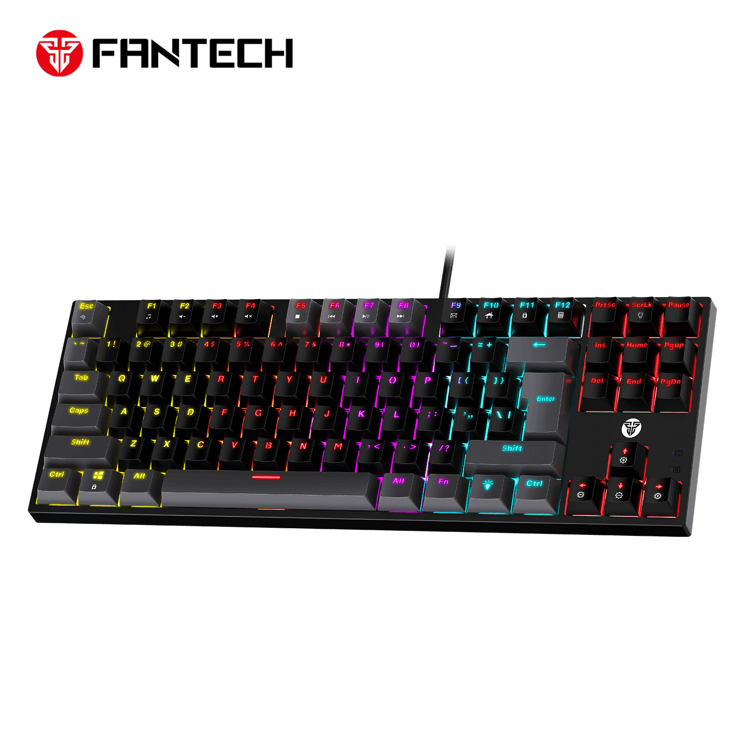 Fantech Atom TKL MK876V2 gaming keyboard, with RGB lighting and black background.

