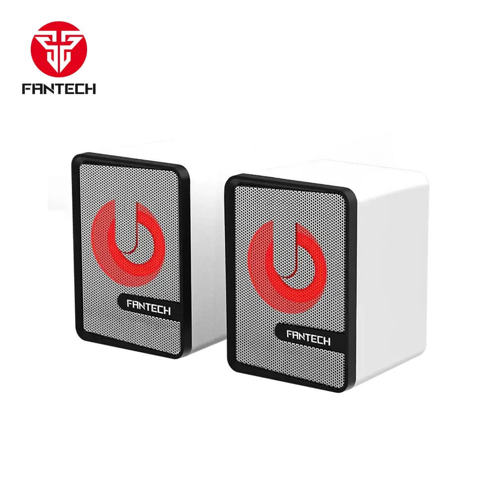 Fantech Beat GS203 speakers, black and white, with red center design.