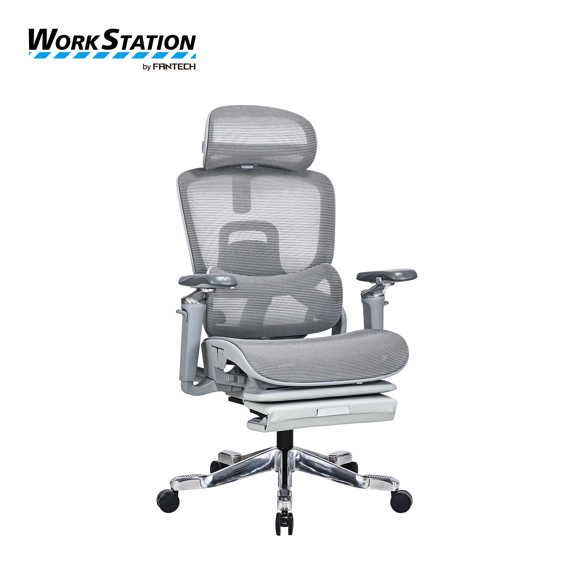 Fantech CW1 gaming chair in white shown from an angled front view featuring ergonomic backrest design, breathable mesh and PU leather finish, fixed armrests, adjustable seat height with gas lift system, and sturdy 5 star base with smooth rolling casters for gaming and office use.