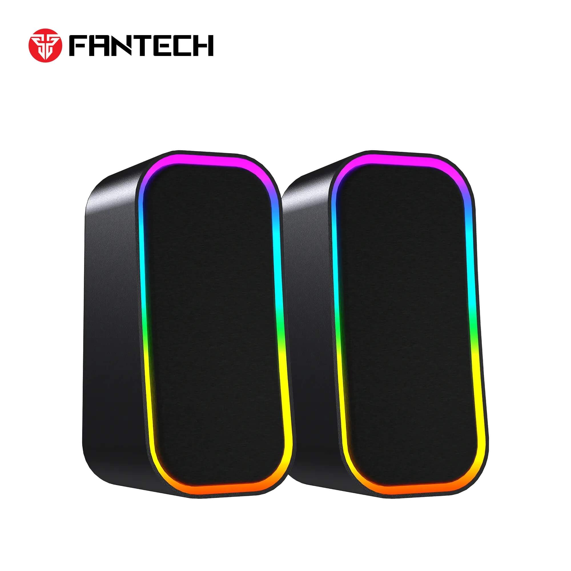 Fantech Groove GS304 speakers, black, with RGB side lighting.