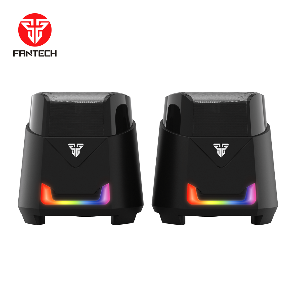 Fantech Hellscream GS205 speakers, black, with RGB lighting accents.