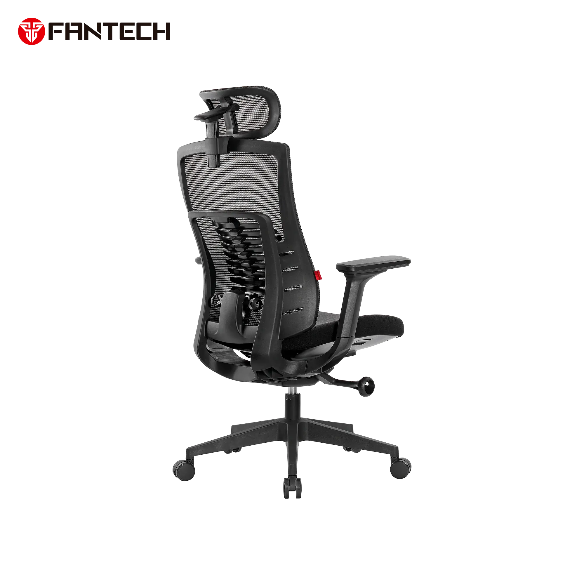 Rear angled view of Fantech OC1 ergonomic office chair in black showing adjustable 4D headrest structure, ergonomic lumbar support system, breathable mesh backrest, high strength nylon base, and smooth durable casters.