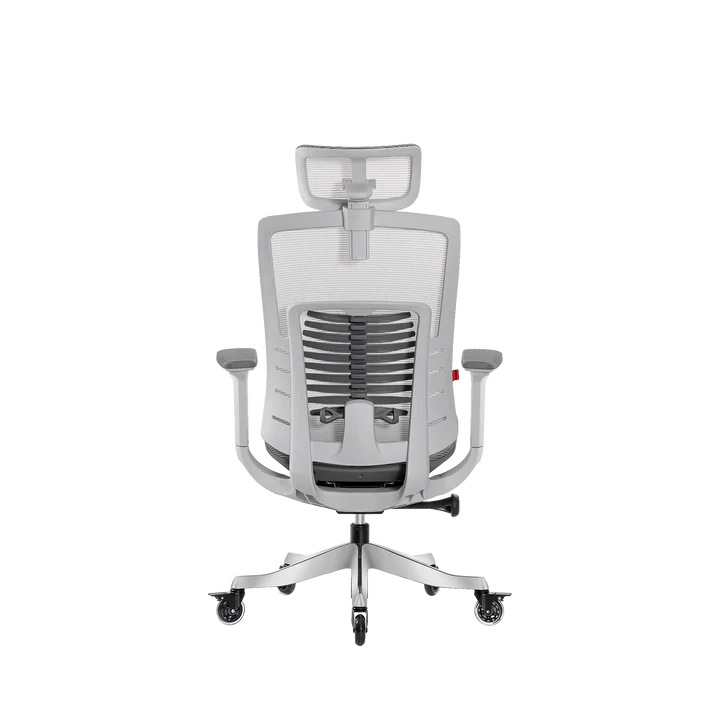Rear view of Fantech OC1 PRO ergonomic office chair in white mesh featuring adjustable headrest frame, ergonomic lumbar support system, reinforced aluminum base, and lockable silent caster wheels.