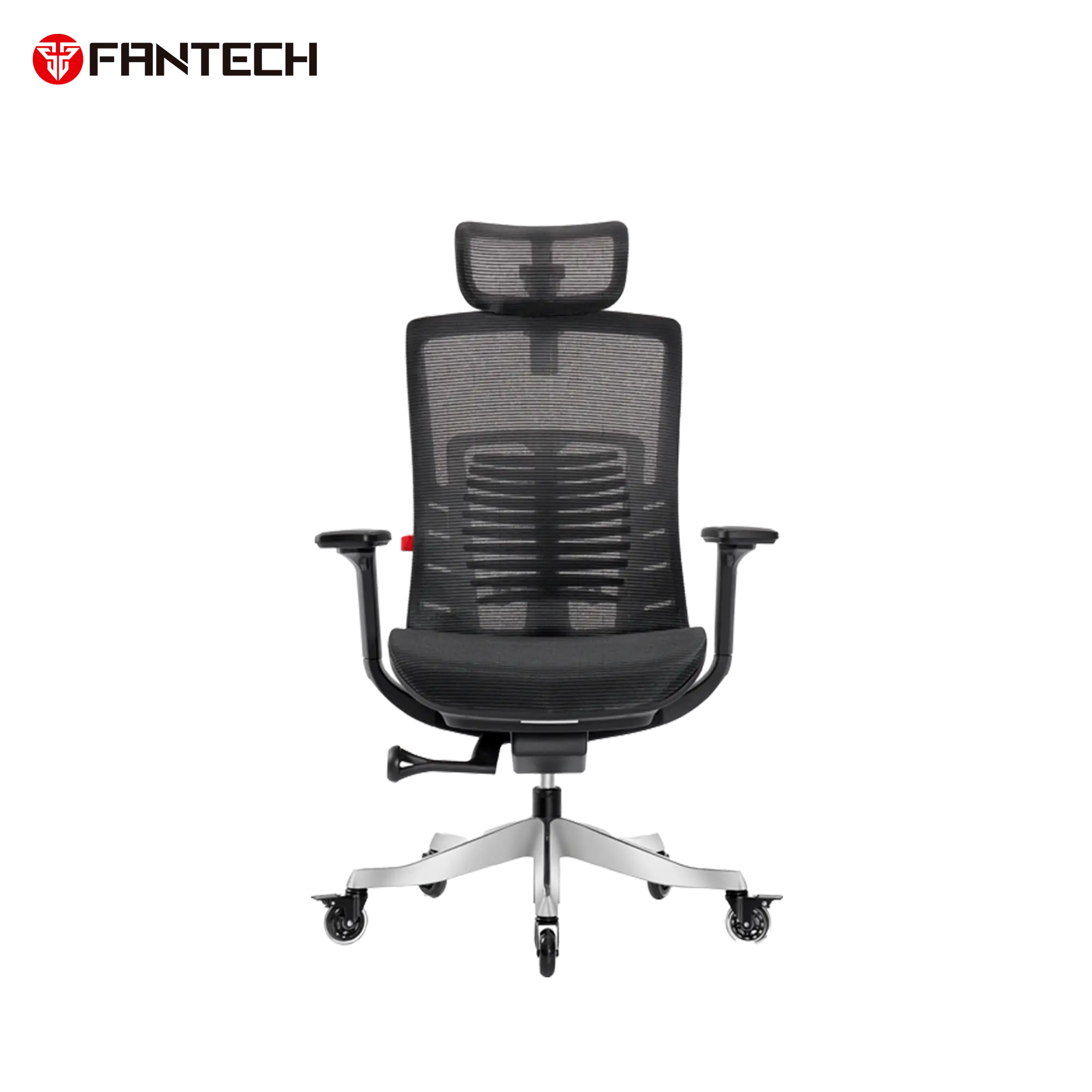 Front view of Fantech OC1 PRO ergonomic office chair in black mesh featuring 4D adjustable headrest, 3D armrests, sliding seat mechanism, ergonomic lumbar support, aluminum alloy base, and lockable silent wheels.