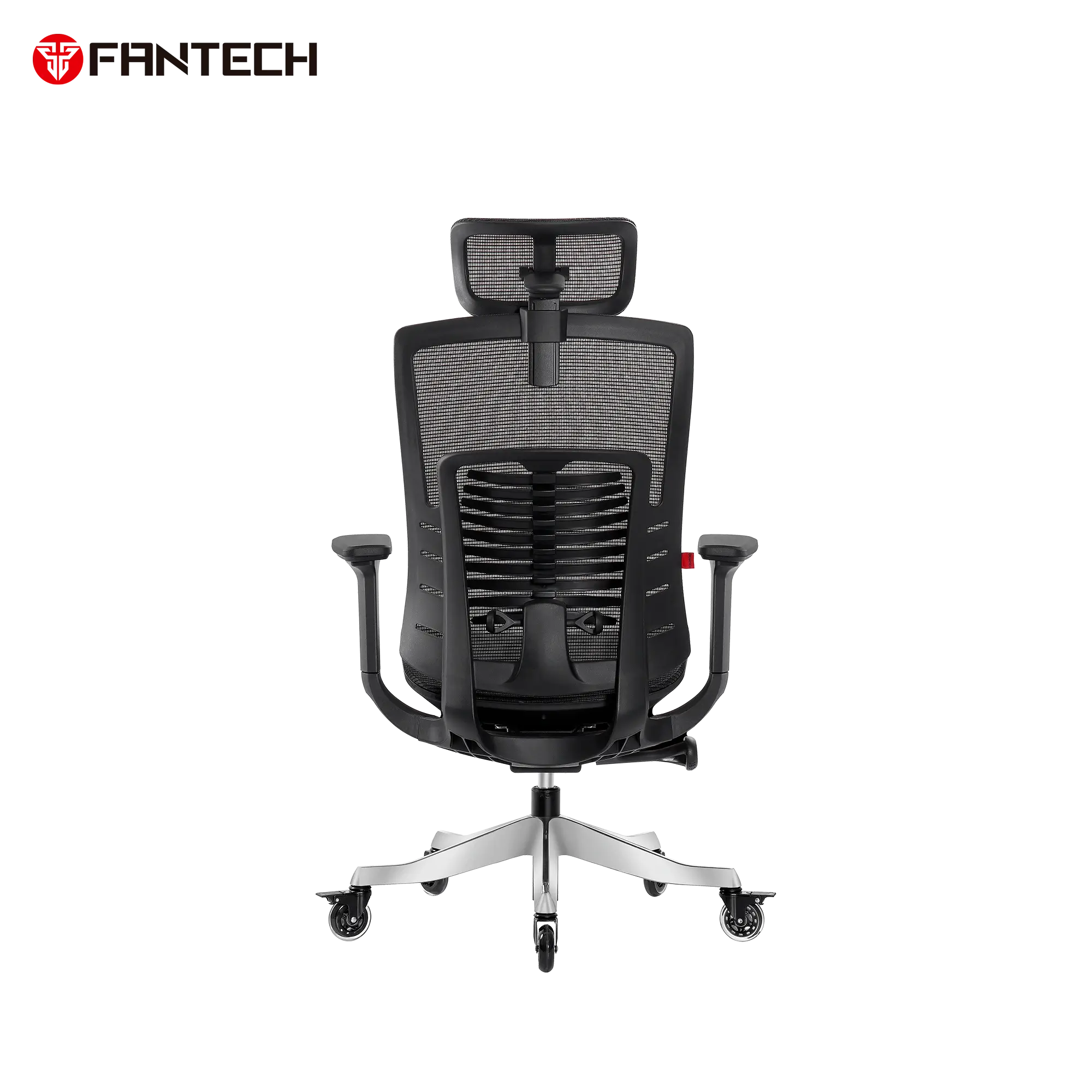 Rear view of Fantech OC1 PRO ergonomic office chair in black showing adjustable headrest support structure, ergonomic lumbar system, breathable mesh backrest, reinforced aluminum base, and lockable silent wheels.