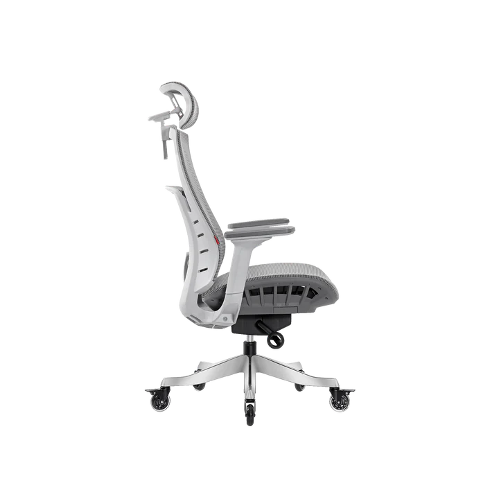 Side view of Fantech OC1 PRO ergonomic office chair in white mesh showing 4D adjustable headrest, 3D armrests, sliding seat mechanism, ergonomic lumbar support frame, aluminum alloy base, and lockable silent wheels.