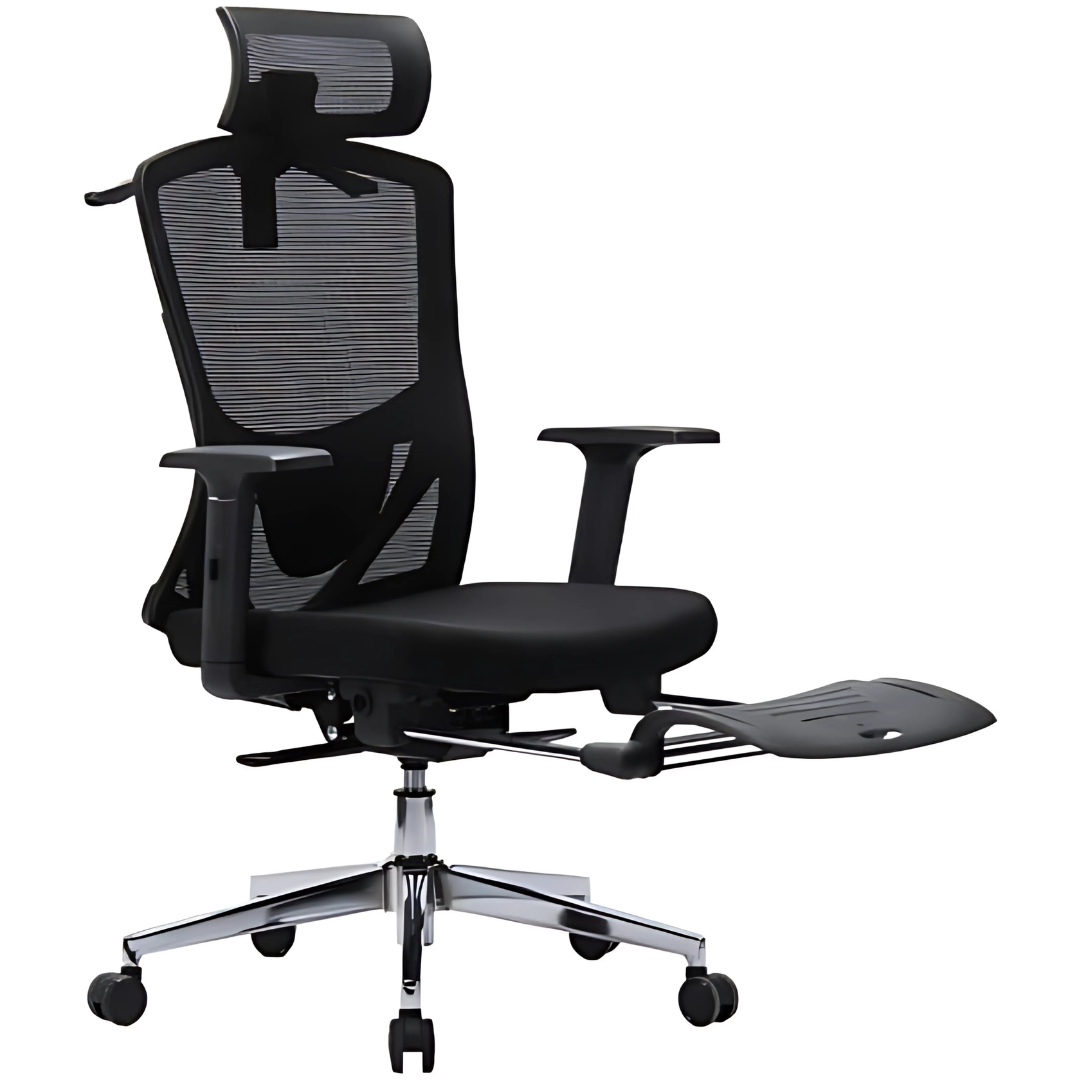 Fantech OCA259 ergonomic office chair, black with adjustable headrest and footrest.